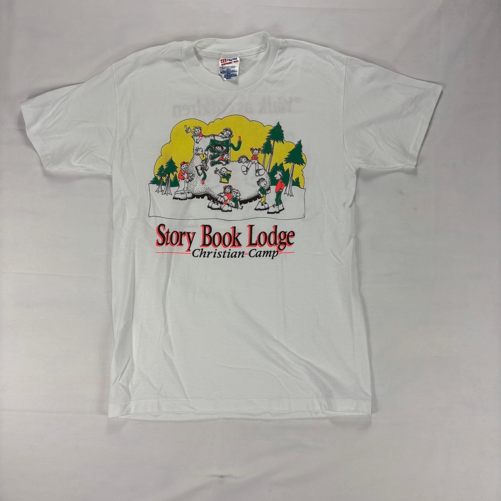 Hanes Story Book Lodge Christian Camp Graphic T-Shirt White Small Vintage